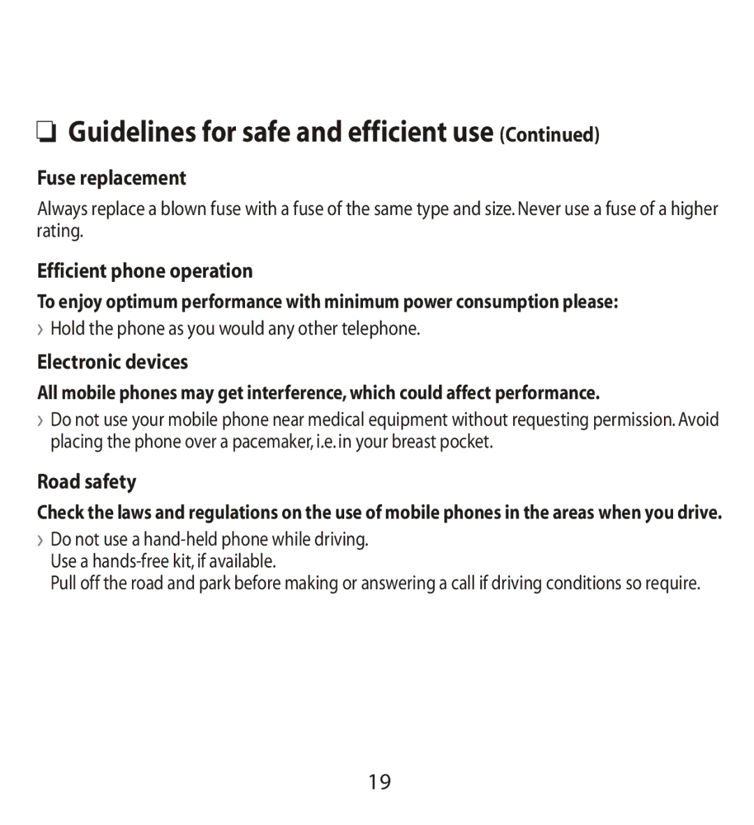 LG Electronics MMBB0240811 manual Fuse replacement, Efficient phone operation, Electronic devices, Road safety 