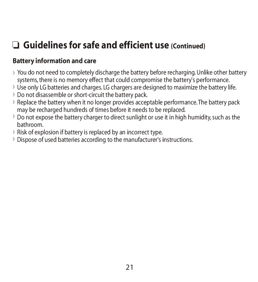 LG Electronics MMBB0240811 manual Battery information and care, Do not disassemble or short-circuit the battery pack 