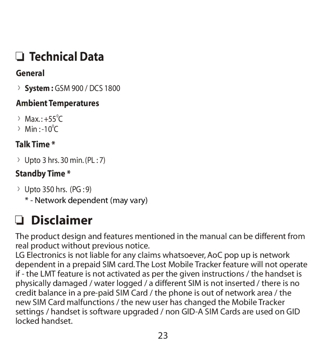 LG Electronics MMBB0240811 manual Technical Data, Disclaimer 