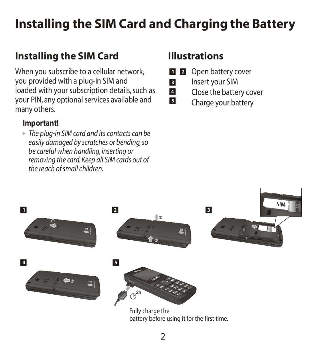 LG Electronics MMBB0240811 manual Installing the SIM Card and Charging the Battery 