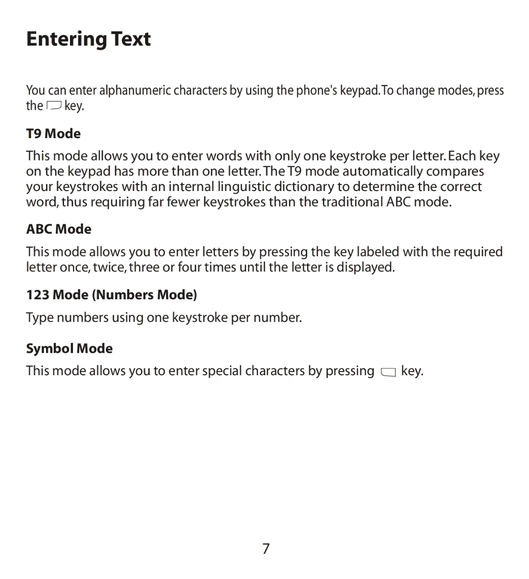 LG Electronics MMBB0240811 manual Entering Text, T9 Mode, ABC Mode, Mode Numbers Mode, Symbol Mode 