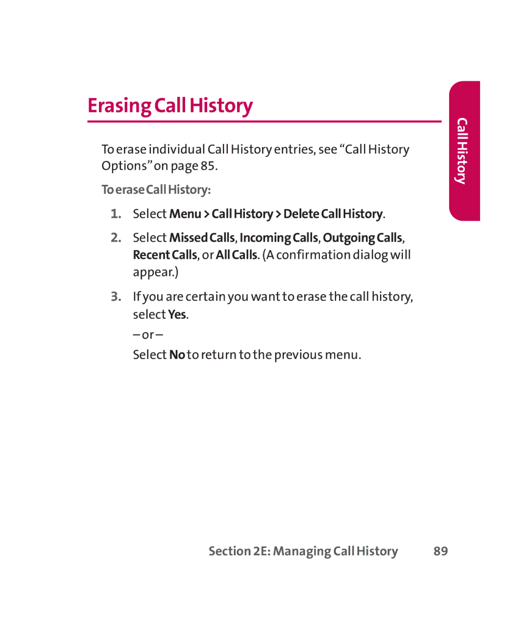 LG Electronics MMBB0267301(1.0) manual ErasingCall History, ToeraseCallHistory 