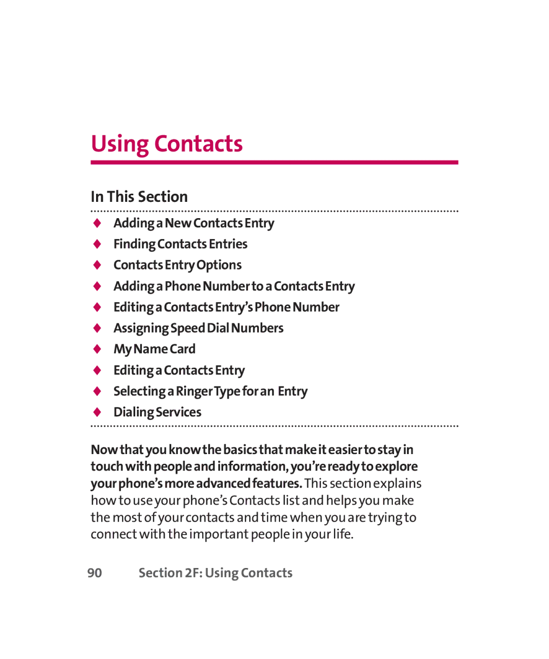 LG Electronics MMBB0267301(1.0) manual Using Contacts, This Section 