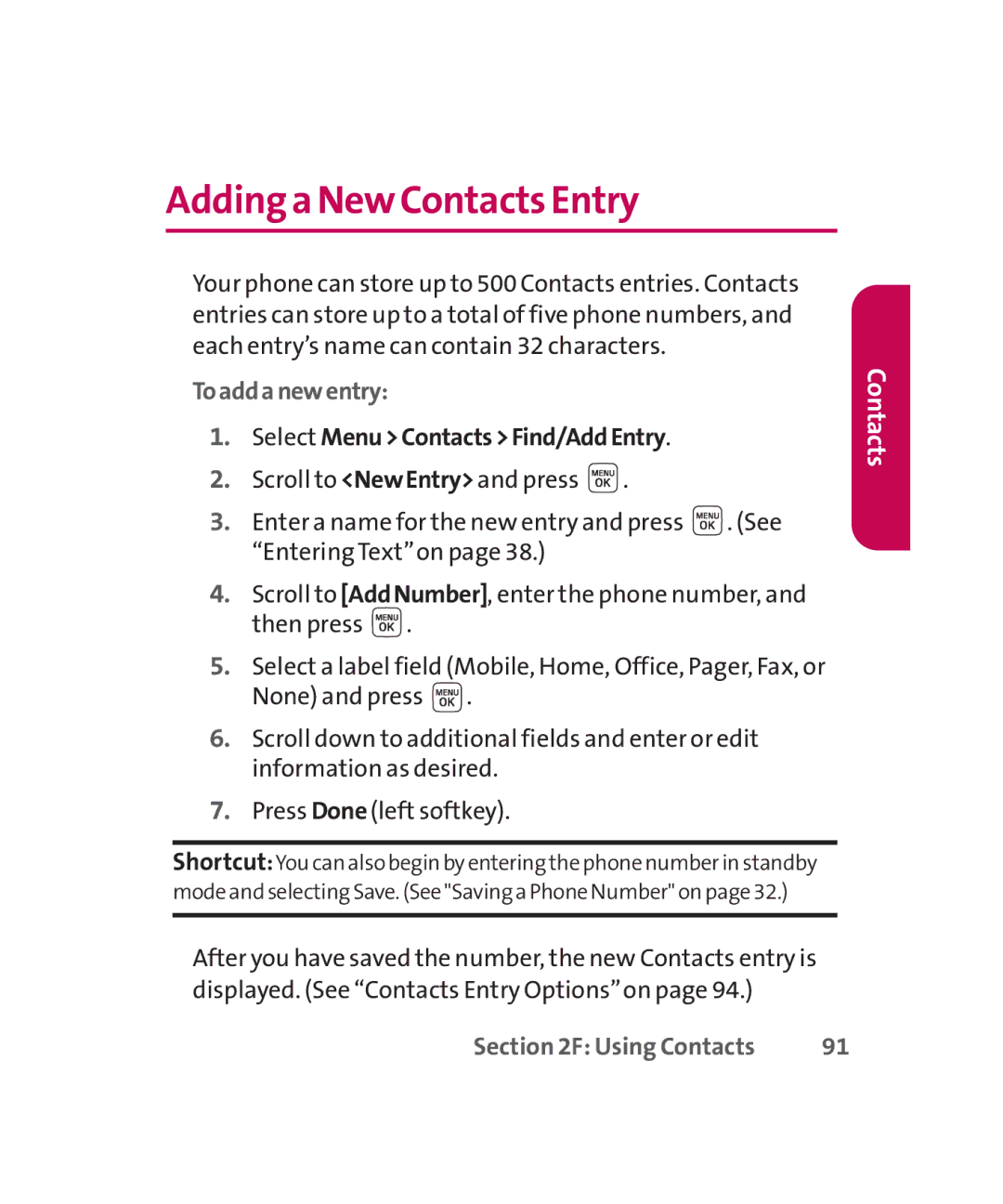 LG Electronics MMBB0267301(1.0) manual Adding a New Contacts Entry, Toaddanewentry, Select MenuContactsFind/AddEntry 