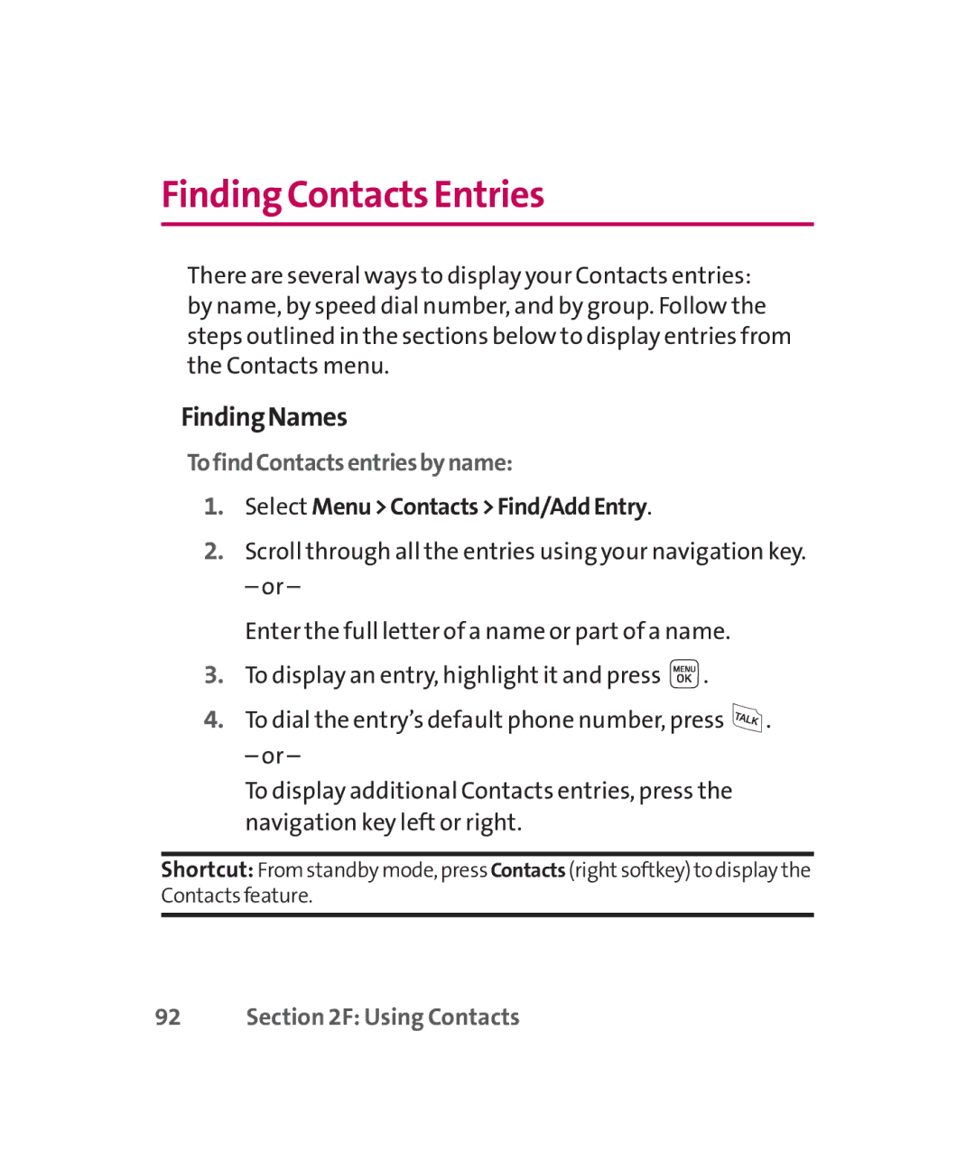 LG Electronics MMBB0267301(1.0) manual Finding Contacts Entries, FindingNames, TofindContactsentriesbyname 