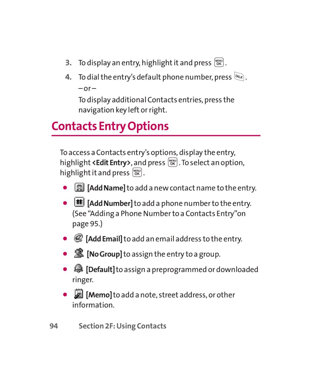 LG Electronics MMBB0267301(1.0) manual Contacts Entry Options 