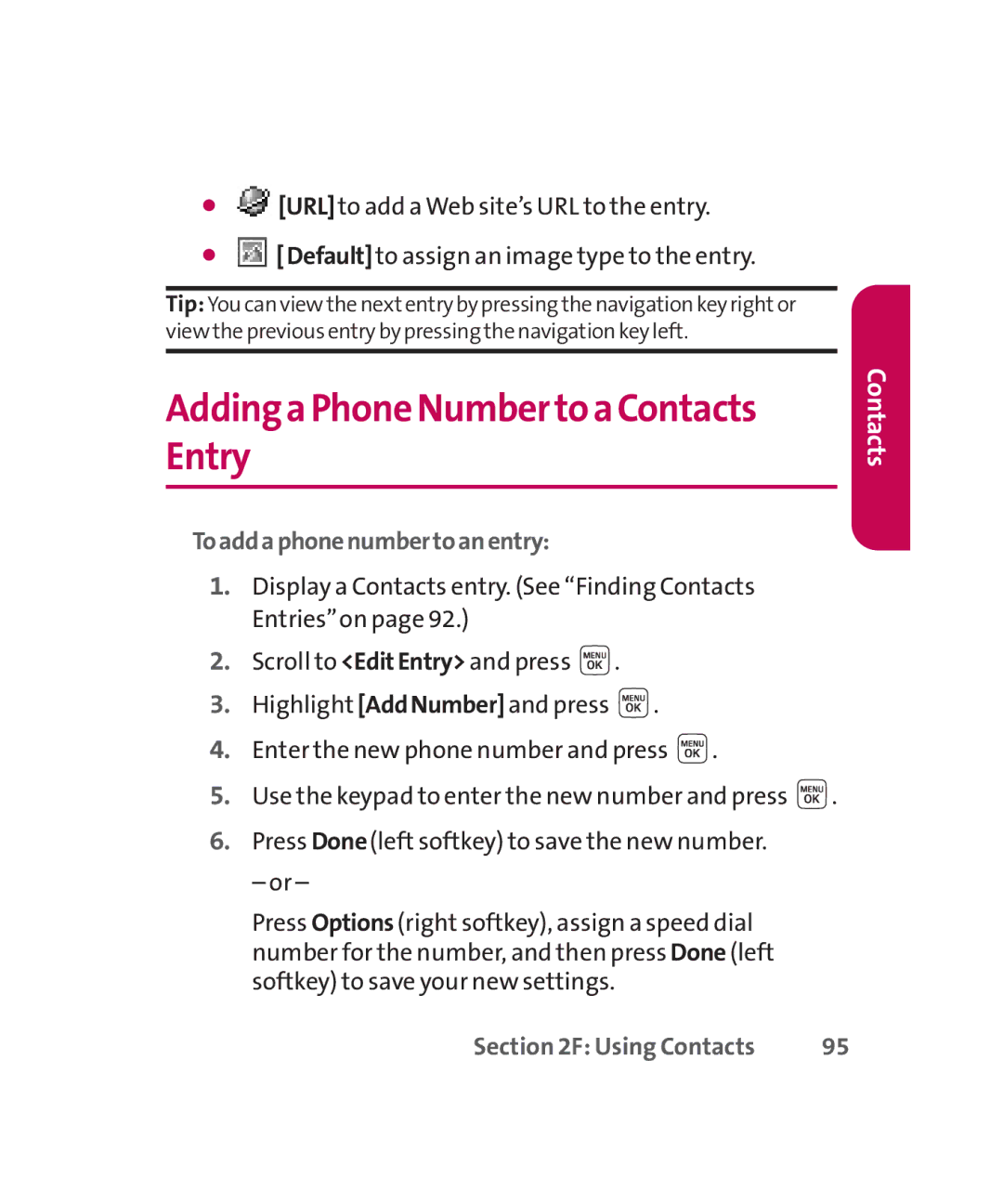 LG Electronics MMBB0267301(1.0) manual AddingaPhoneNumbertoaContacts Entry, Toaddaphonenumbertoanentry 