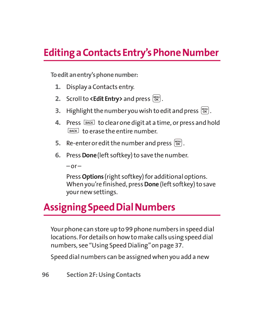 LG Electronics MMBB0267301(1.0) manual Assigning Speed Dial Numbers, Editing a Contacts Entry’s Phone Number 