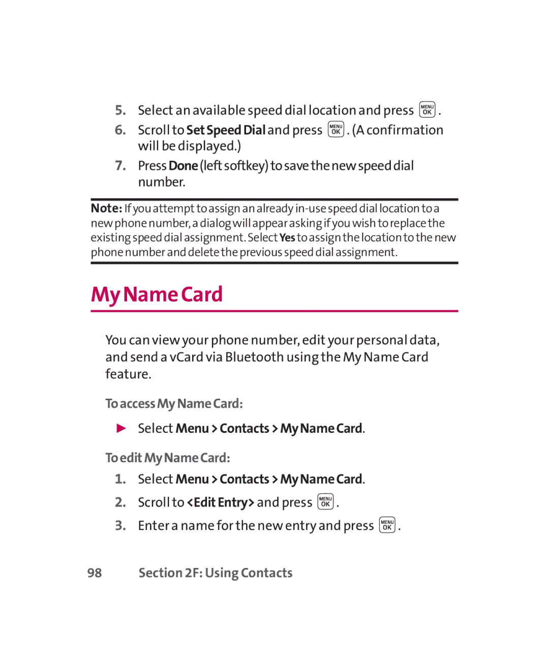 LG Electronics MMBB0267301(1.0) manual My Name Card, ToaccessMyNameCard,  Select MenuContactsMyNameCard, ToeditMyNameCard 