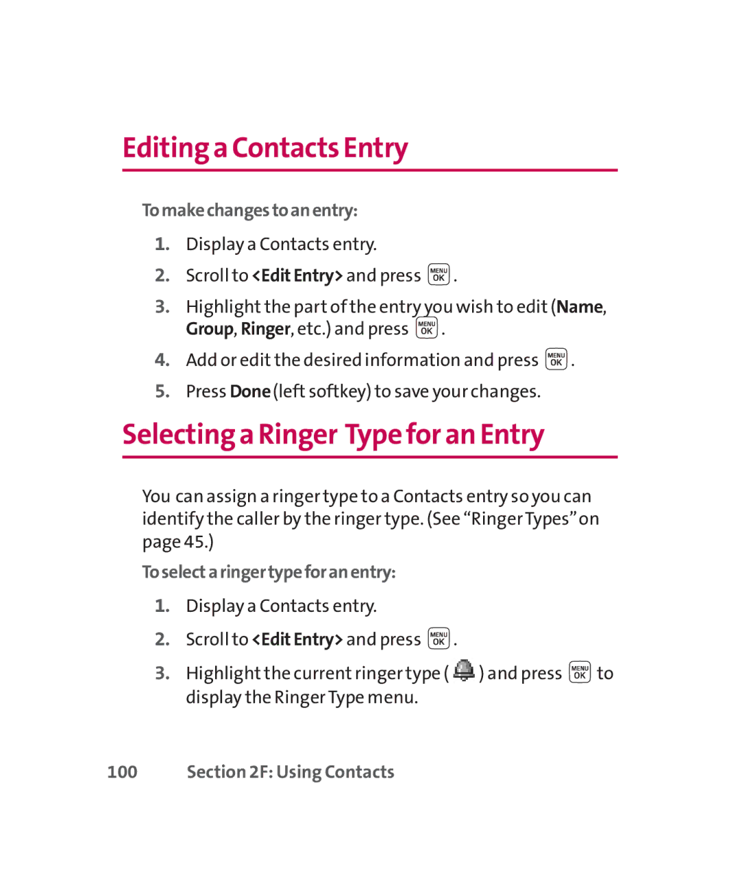 LG Electronics MMBB0267301(1.0) Editing a Contacts Entry, Selecting a Ringer Type for an Entry, Tomakechangestoanentry 