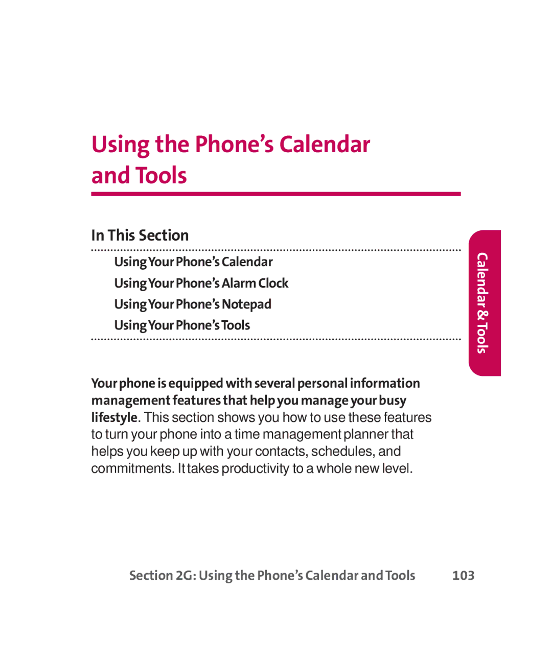 LG Electronics MMBB0267301(1.0) manual Using the Phone’s Calendar and Tools, 103 