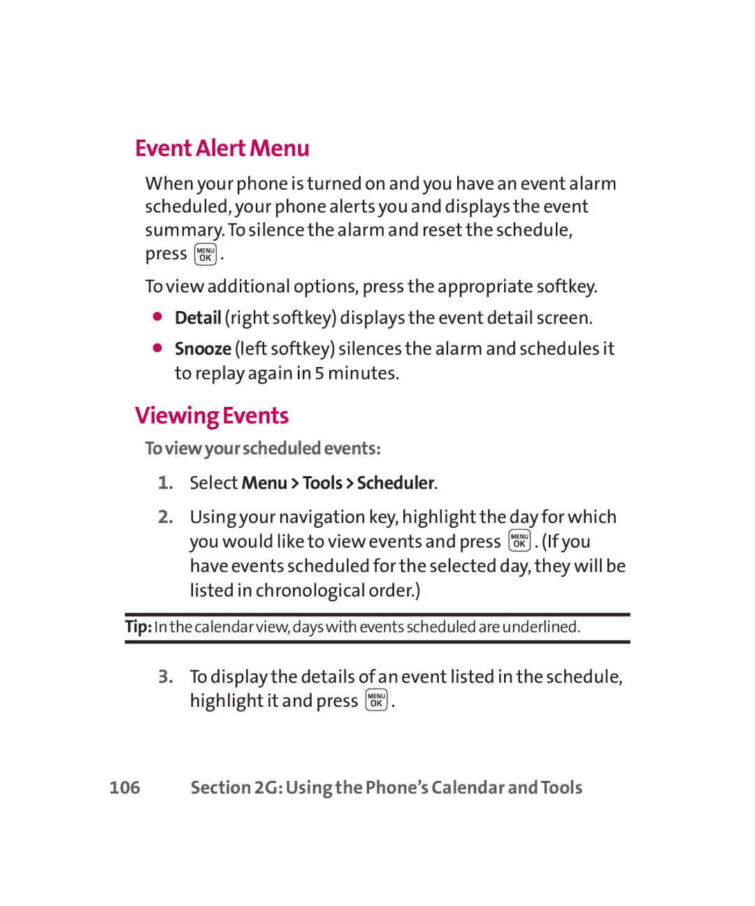 LG Electronics MMBB0267301(1.0) Event Alert Menu, Viewing Events, Toviewyourscheduledevents, Listed in chronological order 