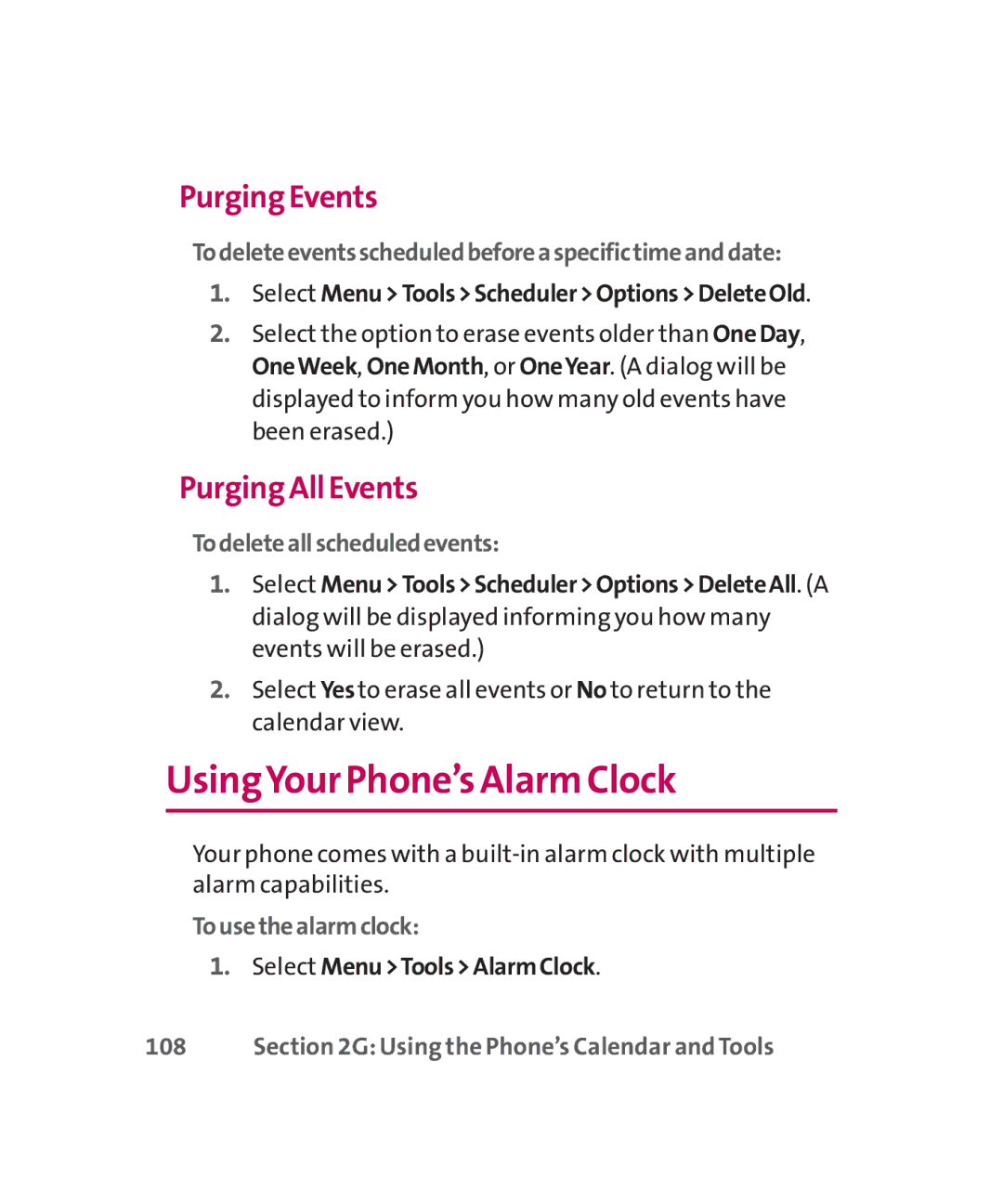 LG Electronics MMBB0267301(1.0) manual UsingYour Phone’s Alarm Clock, Purging Events, Purging All Events 