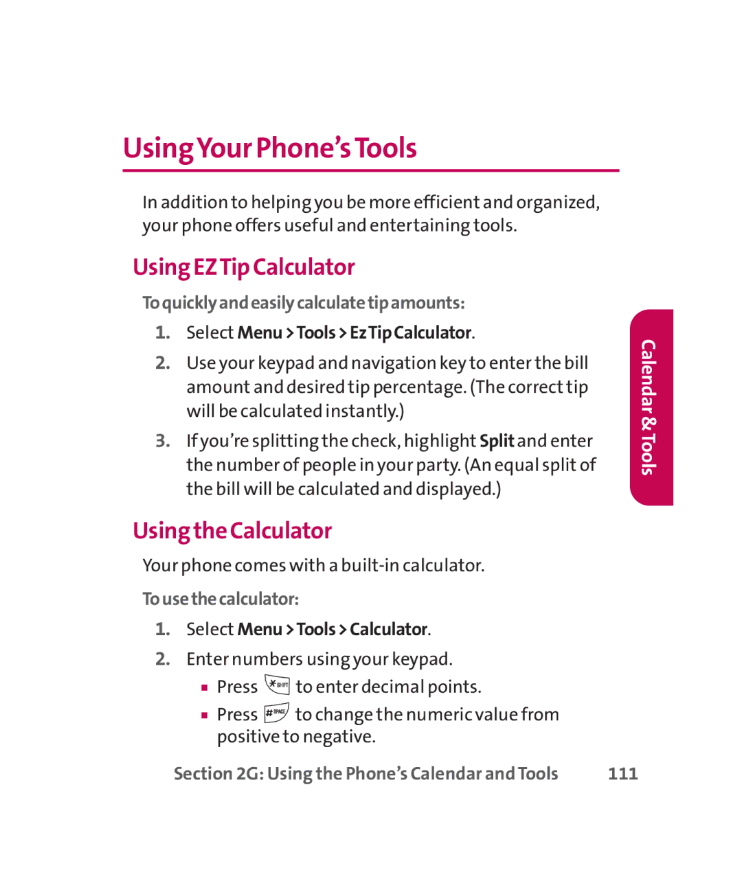 LG Electronics MMBB0267301(1.0) manual UsingYour Phone’sTools, Using EZTip Calculator, Using the Calculator 