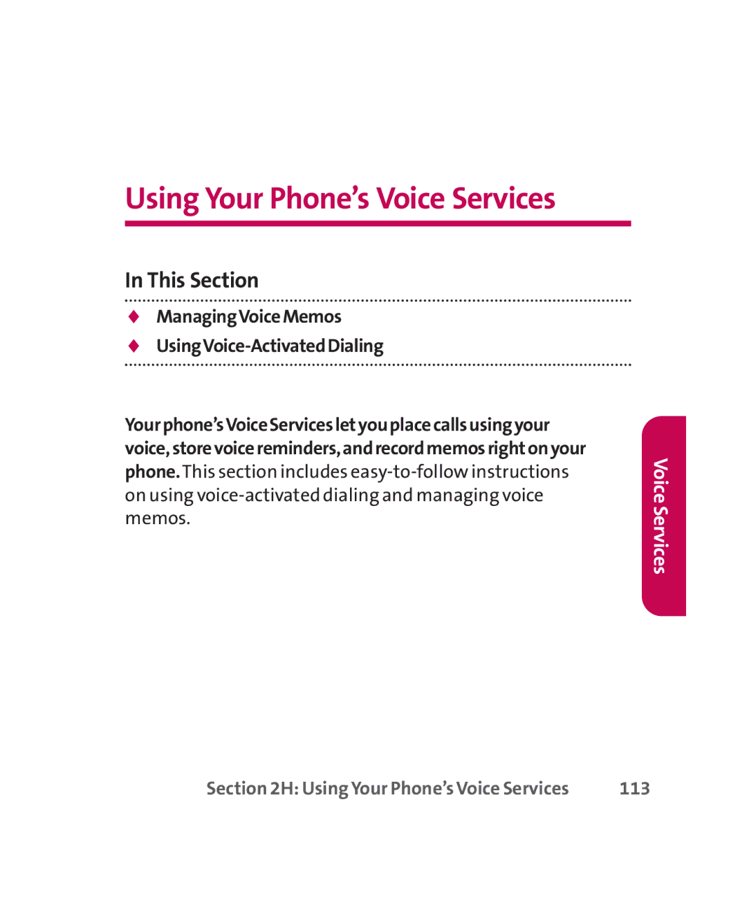 LG Electronics MMBB0267301(1.0) manual  ManagingVoiceMemos  UsingVoice-ActivatedDialing, 113 