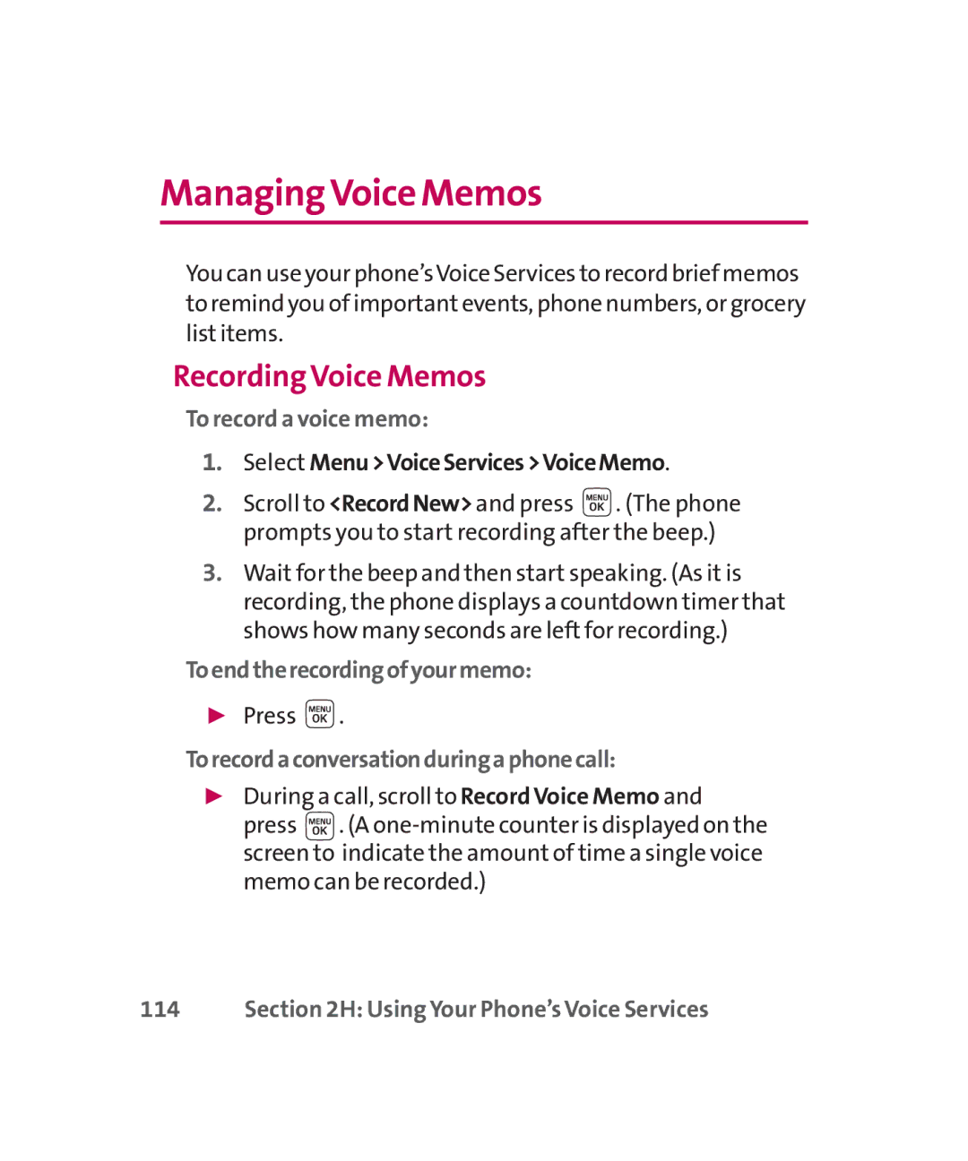 LG Electronics MMBB0267301(1.0) manual Managing Voice Memos, Recording Voice Memos 