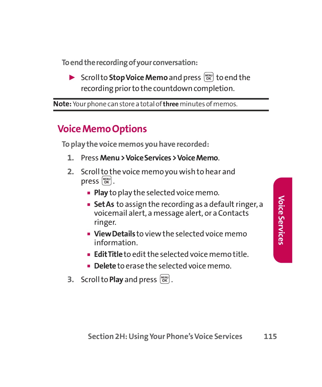 LG Electronics MMBB0267301(1.0) Voice Memo Options, Toendtherecordingofyourconversation, Press MenuVoiceServicesVoiceMemo 