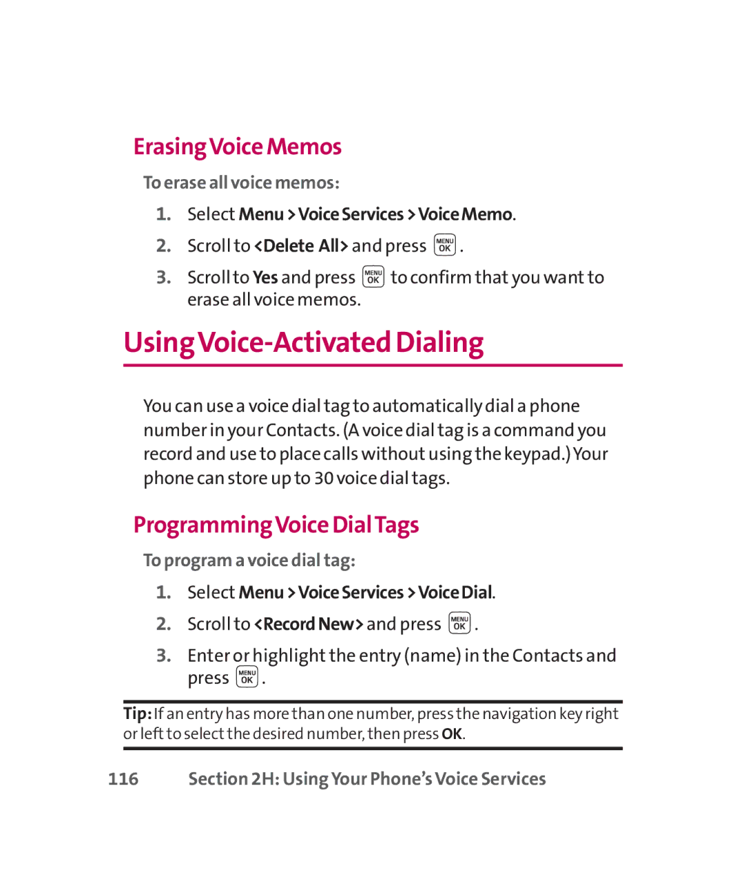 LG Electronics MMBB0267301(1.0) manual UsingVoice-Activated Dialing, ErasingVoice Memos, ProgrammingVoice DialTags 