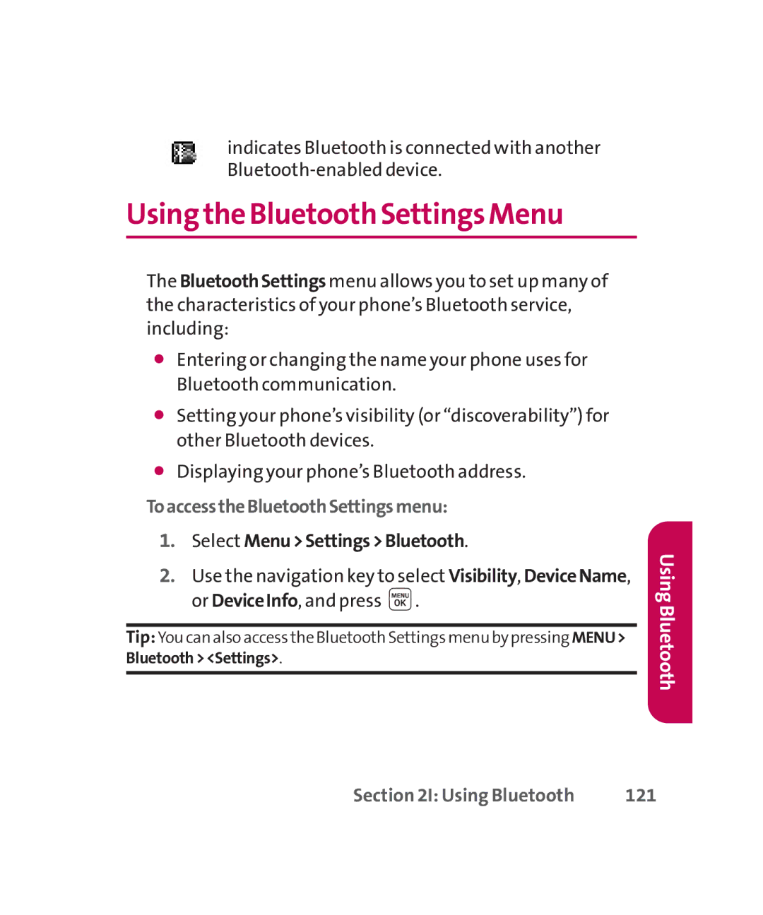 LG Electronics MMBB0267301(1.0) Using the Bluetooth SettingsMenu, ToaccesstheBluetoothSettingsmenu, Using Bluetooth 121 