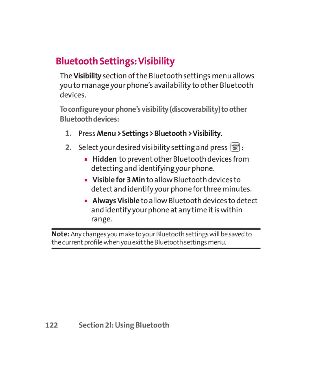 LG Electronics MMBB0267301(1.0) manual Bluetooth SettingsVisibility, Press MenuSettingsBluetoothVisibility, 122 