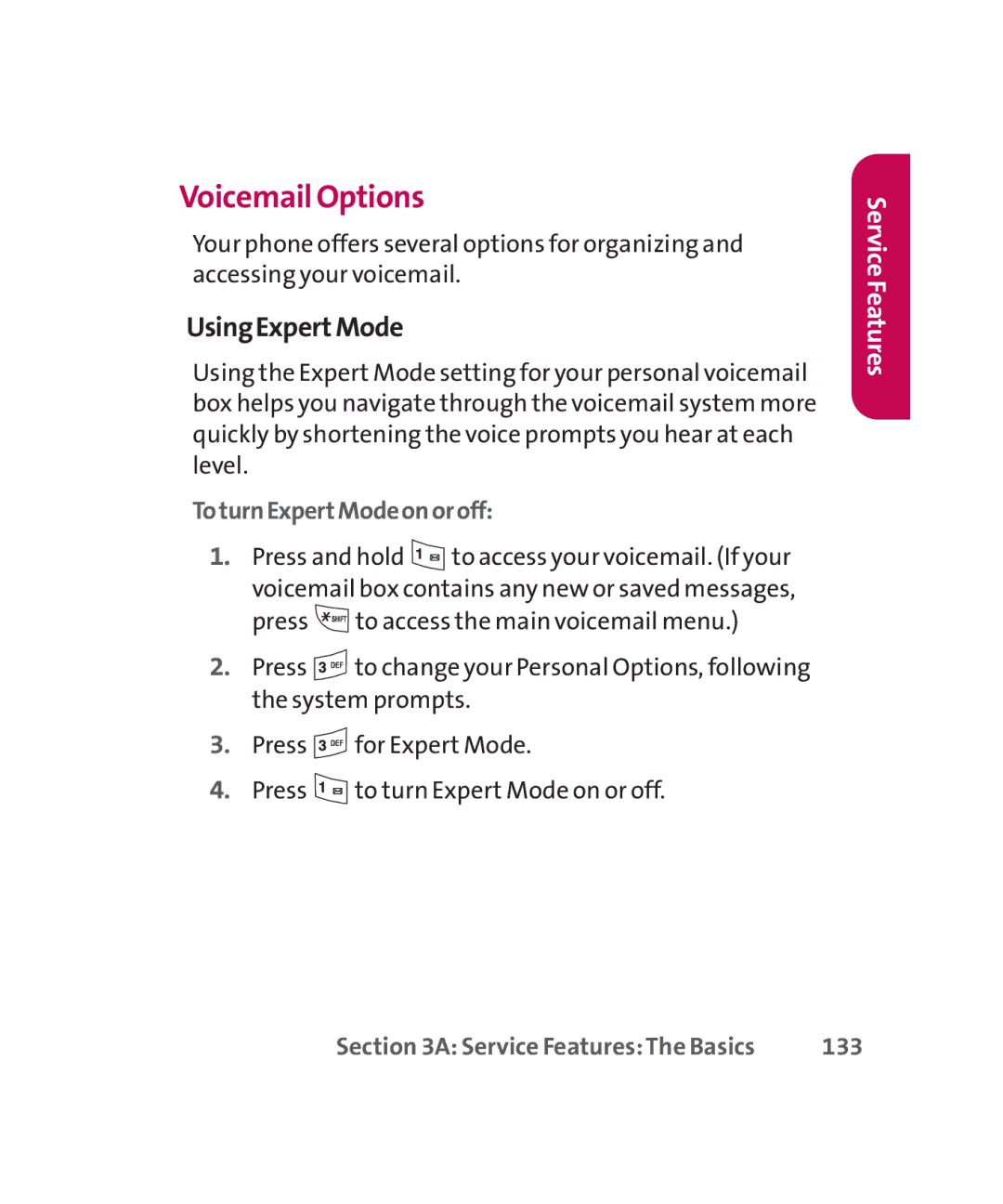 LG Electronics MMBB0267301(1.0) manual Voicemail Options, UsingExpertMode, ToturnExpertModeonoroff, 133 