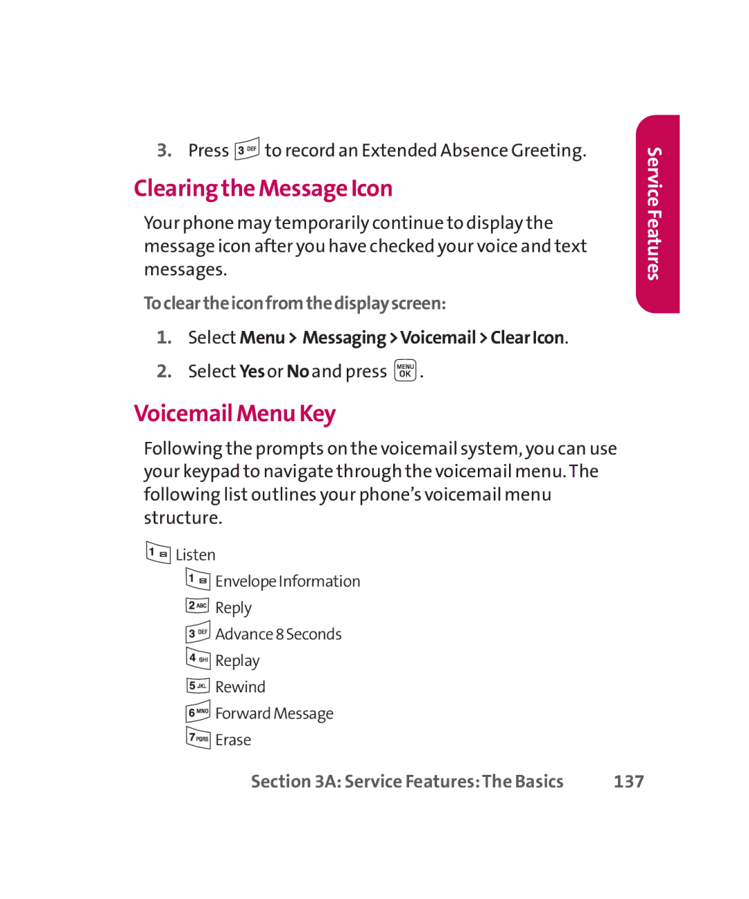 LG Electronics MMBB0267301(1.0) Clearing the Message Icon, Voicemail Menu Key, Tocleartheiconfromthedisplayscreen, 137 