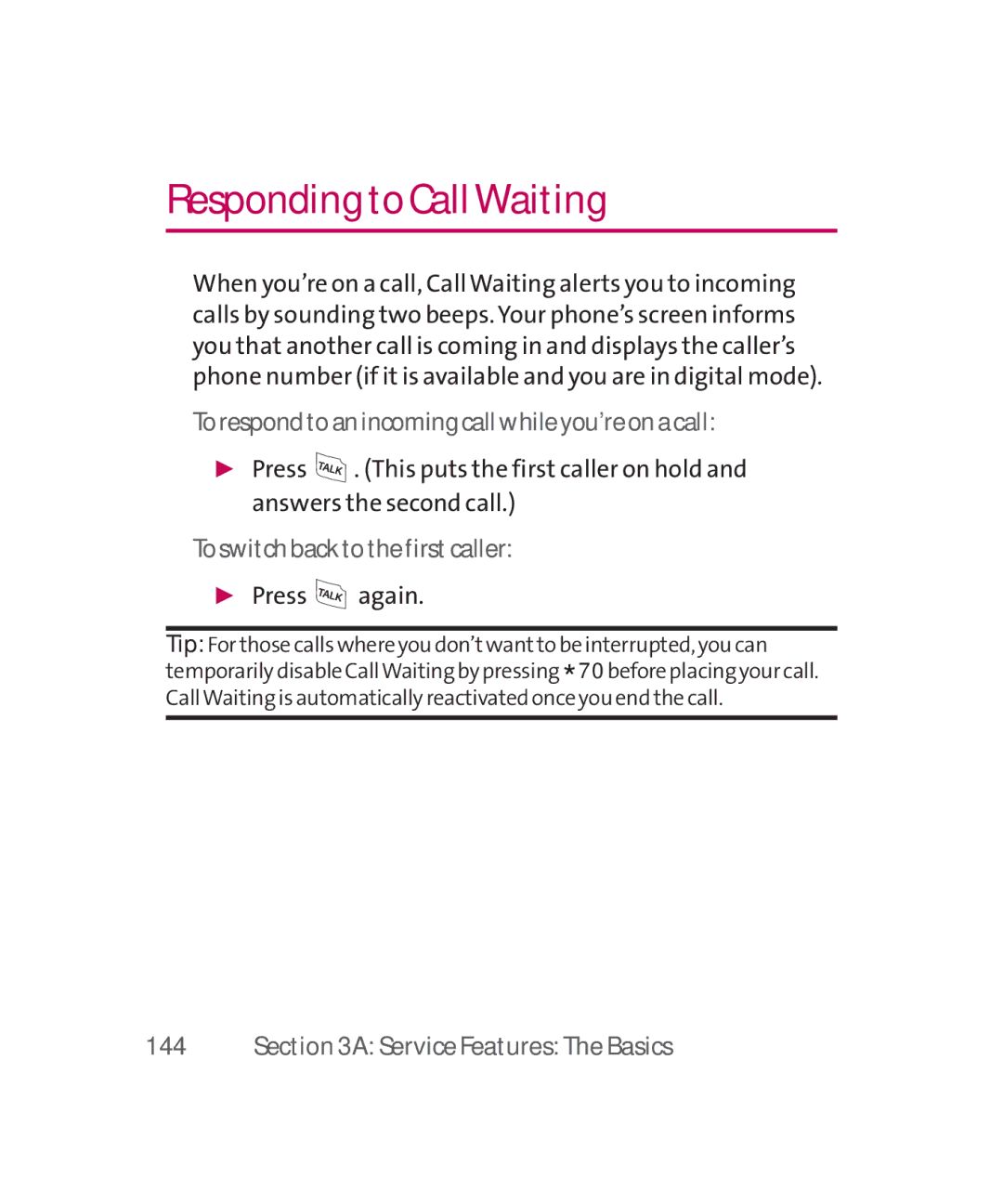 LG Electronics MMBB0267301(1.0) Responding to CallWaiting, Torespondtoanincomingcallwhileyou’reonacall,  Press again, 144 