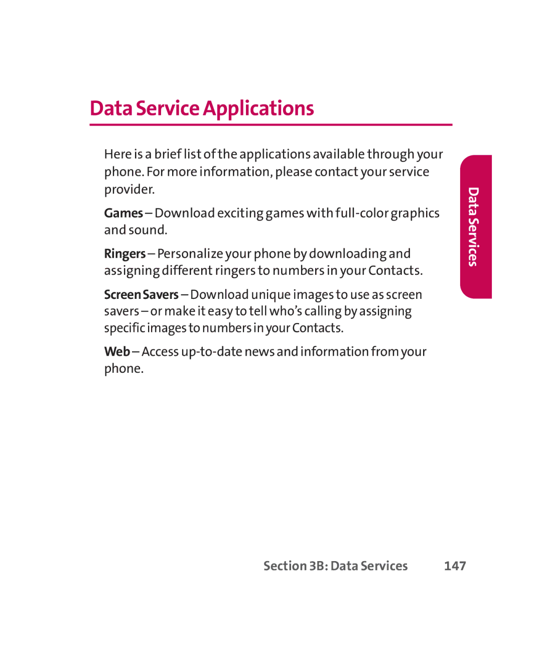 LG Electronics MMBB0267301(1.0) manual Data Service Applications, 147 