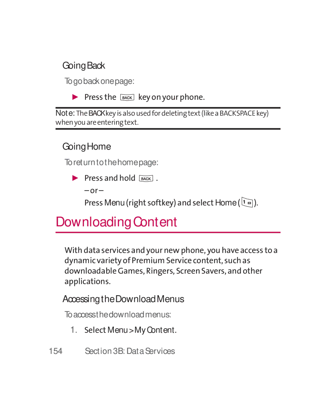 LG Electronics MMBB0267301(1.0) manual Downloading Content, GoingBack, GoingHome, AccessingtheDownloadMenus 