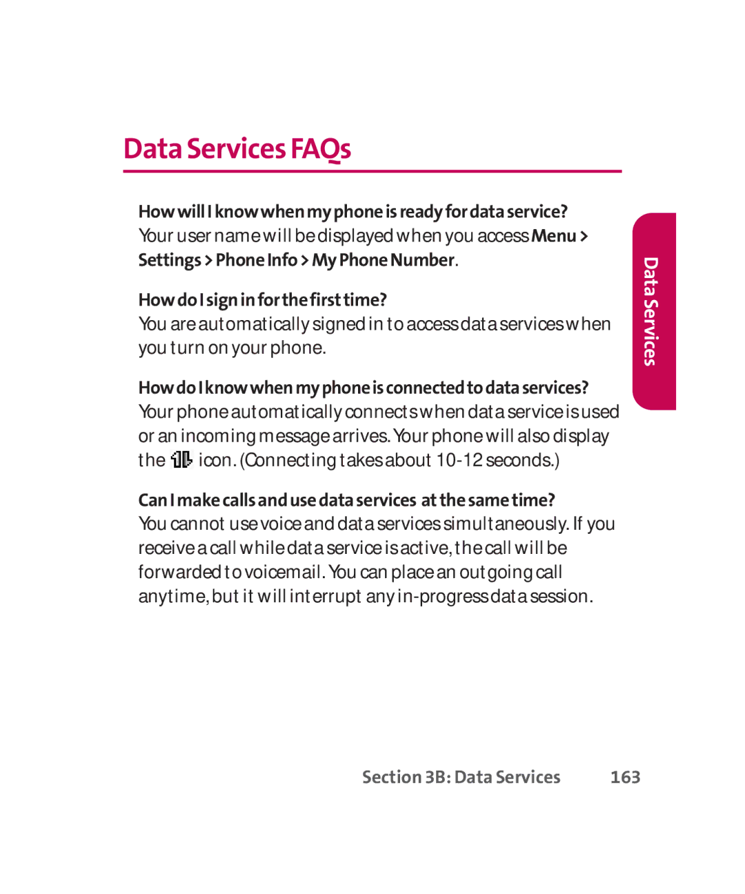 LG Electronics MMBB0267301(1.0) manual Data Services FAQs, HowwillIknowwhenmyphoneisreadyfordataservice?, 163 