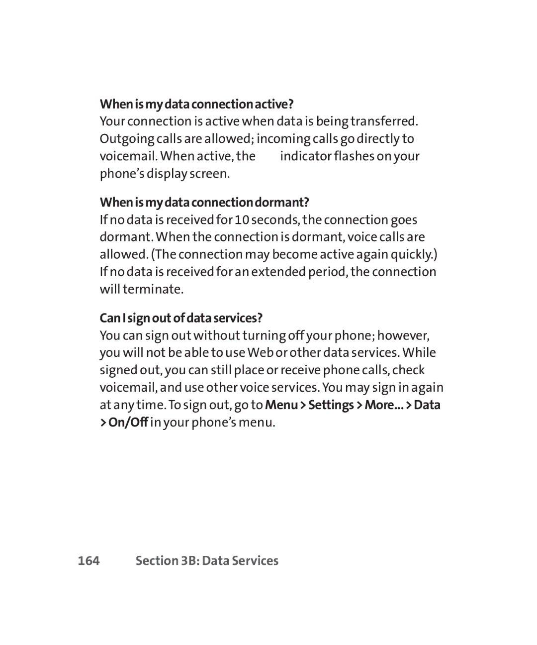 LG Electronics MMBB0267301(1.0) Whenismydataconnectionactive?, Whenismydataconnectiondormant?, CanIsignoutofdataservices? 