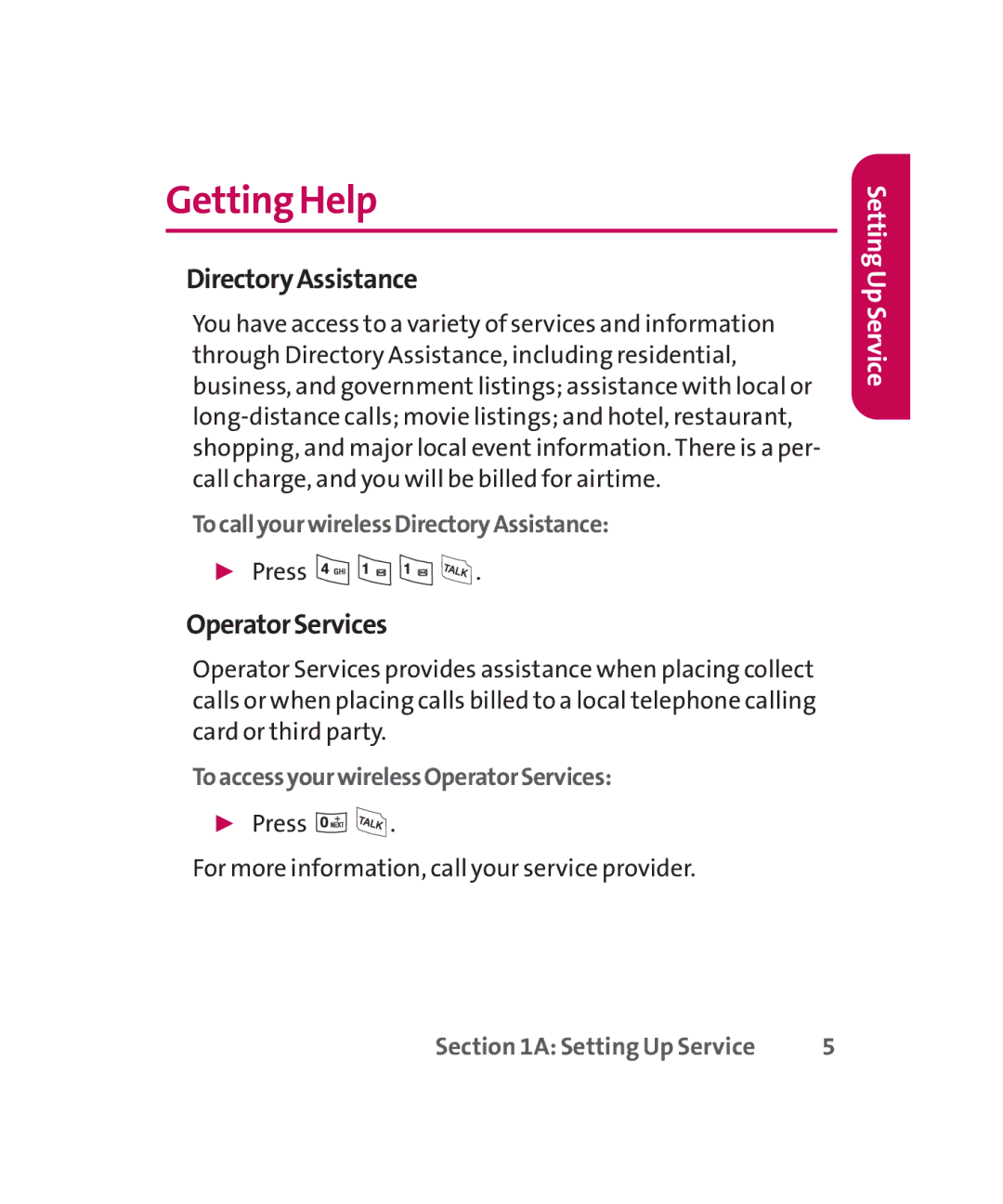 LG Electronics MMBB0267301(1.0) manual Getting Help, OperatorServices, TocallyourwirelessDirectoryAssistance 