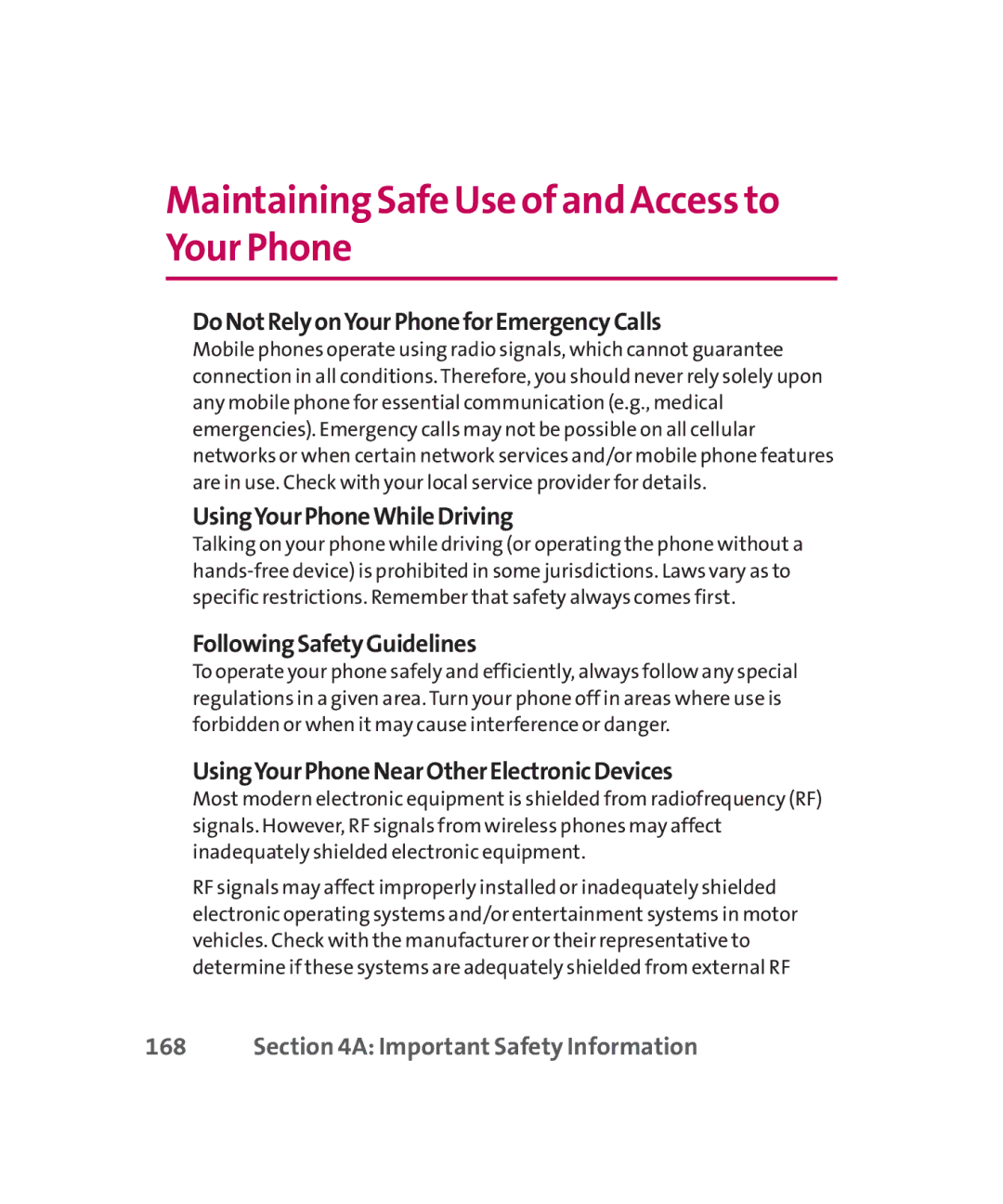 LG Electronics MMBB0267301(1.0) manual Maintaining Safe Use of and Access to Your Phone, 168 