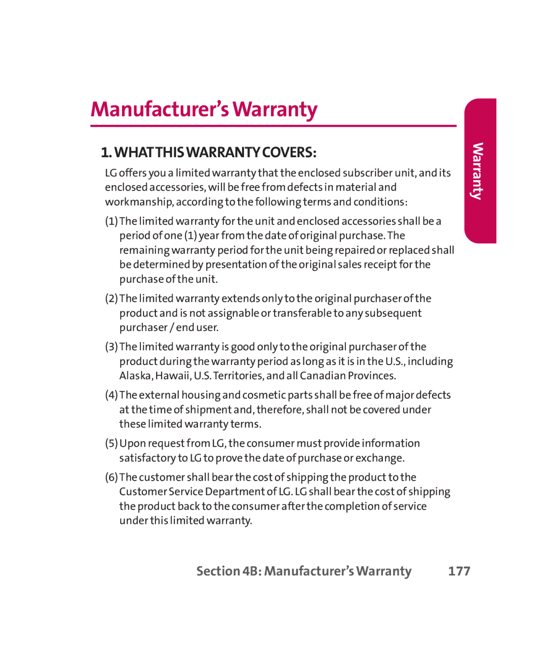 LG Electronics MMBB0267301(1.0) manual Manufacturer’s Warranty, 177 