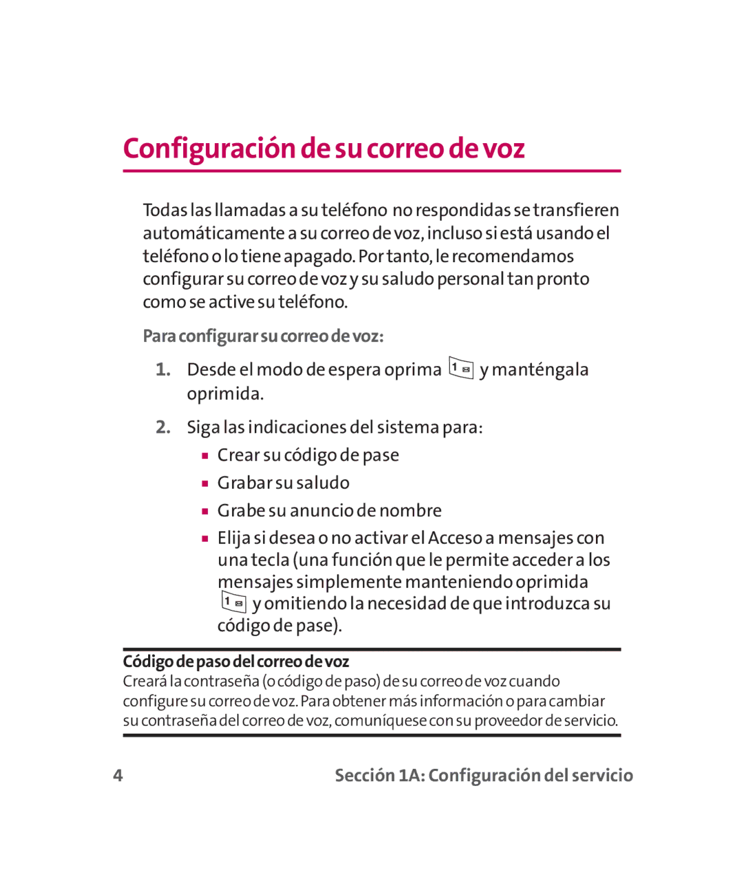 LG Electronics MMBB0267301(1.0) Configuración de su correo de voz, Paraconfigurarsucorreodevoz, Códigodepasodelcorreodevoz 