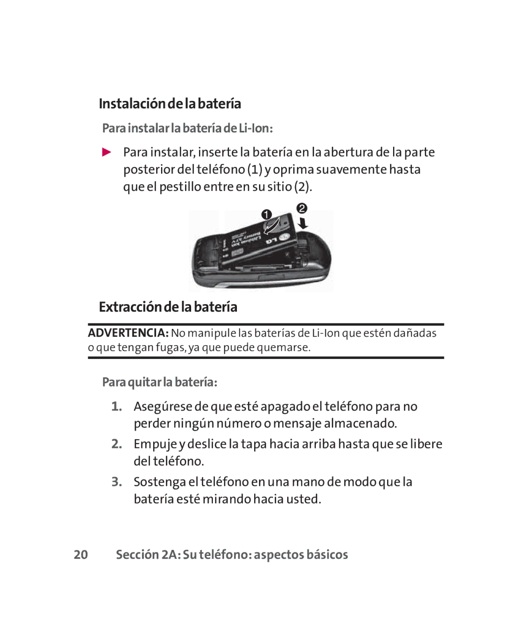 LG Electronics MMBB0267301(1.0) manual Instalacióndelabatería, Extraccióndelabatería, ParainstalarlabateríadeLi-Ion 