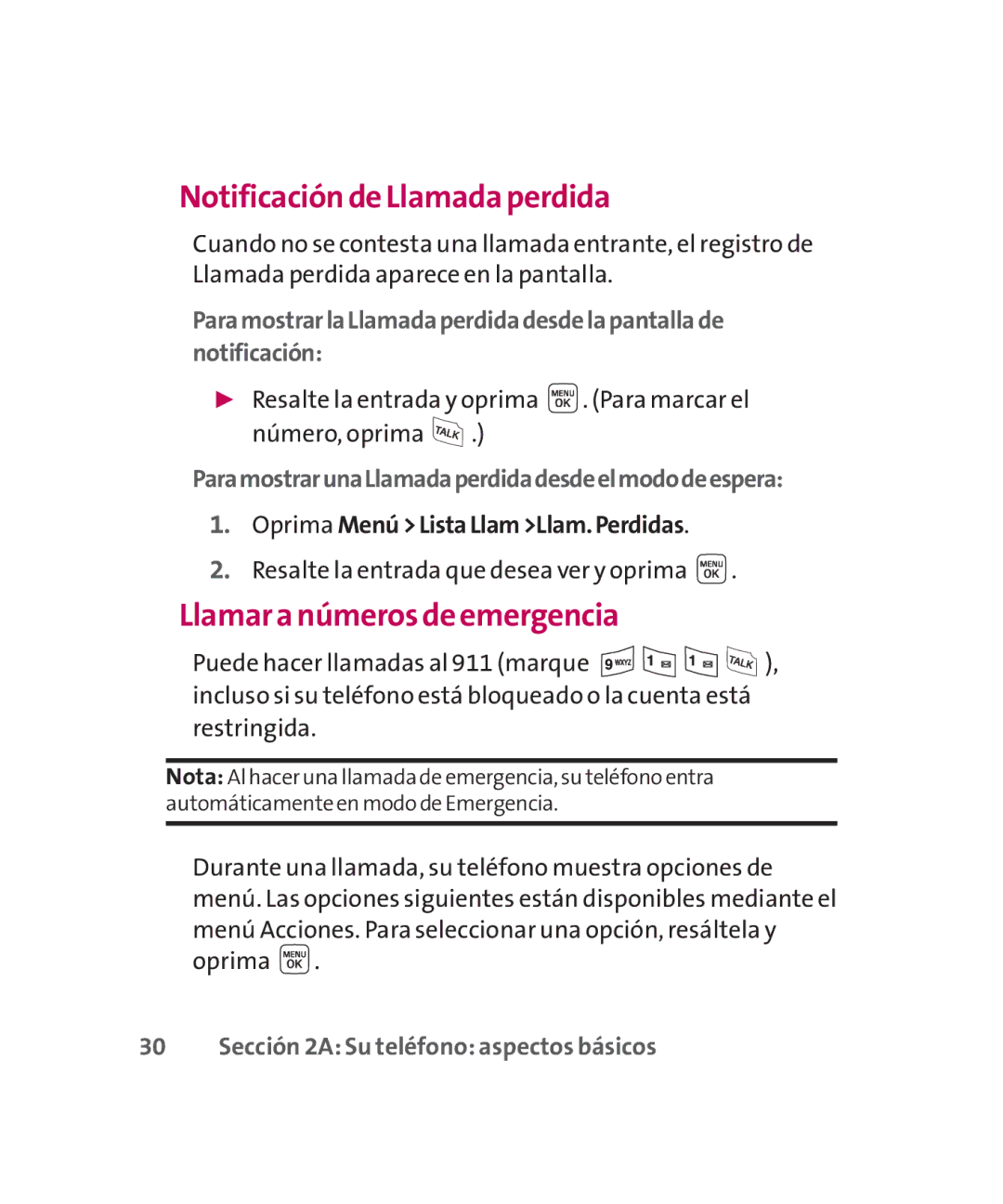 LG Electronics MMBB0267301(1.0) manual Notificación de Llamada perdida, Llamar a números de emergencia 