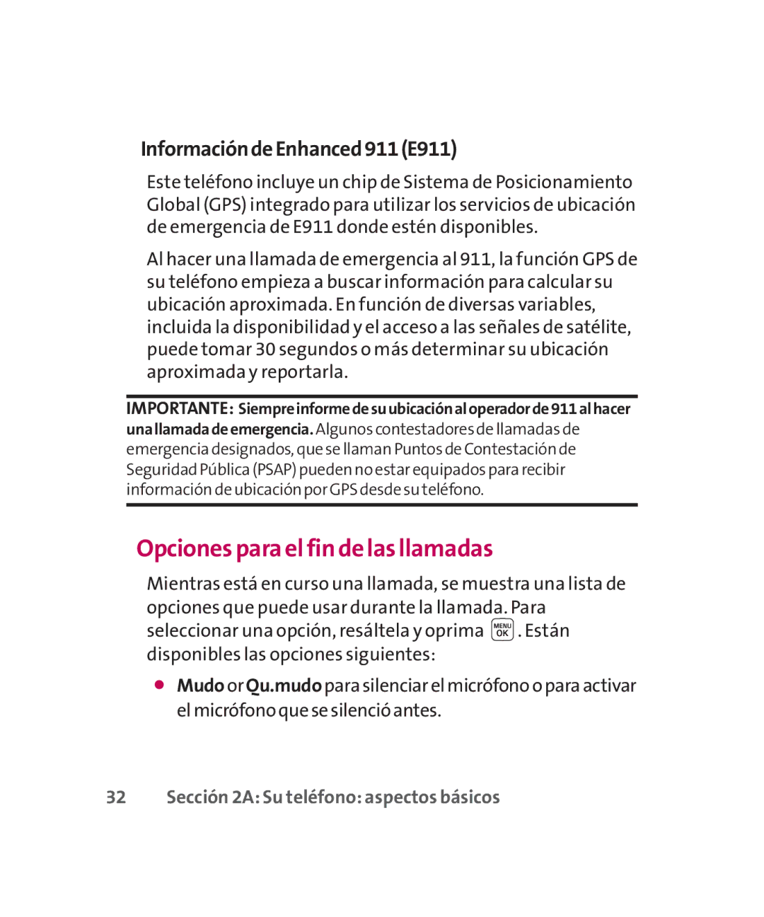 LG Electronics MMBB0267301(1.0) manual Opciones para el fin de las llamadas, InformacióndeEnhanced911E911 