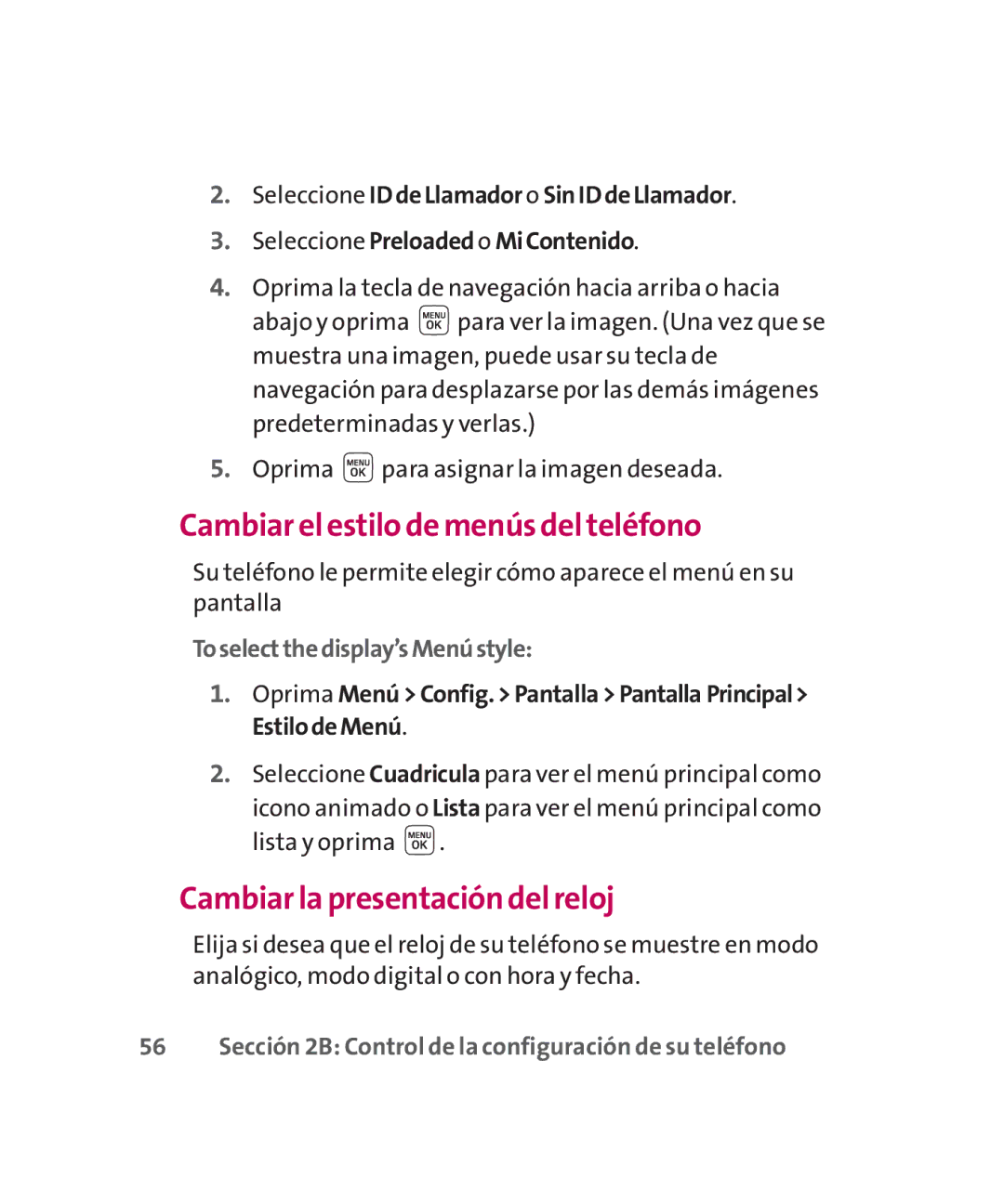 LG Electronics MMBB0267301(1.0) manual Cambiar el estilo de menús del teléfono, Cambiar la presentación del reloj 