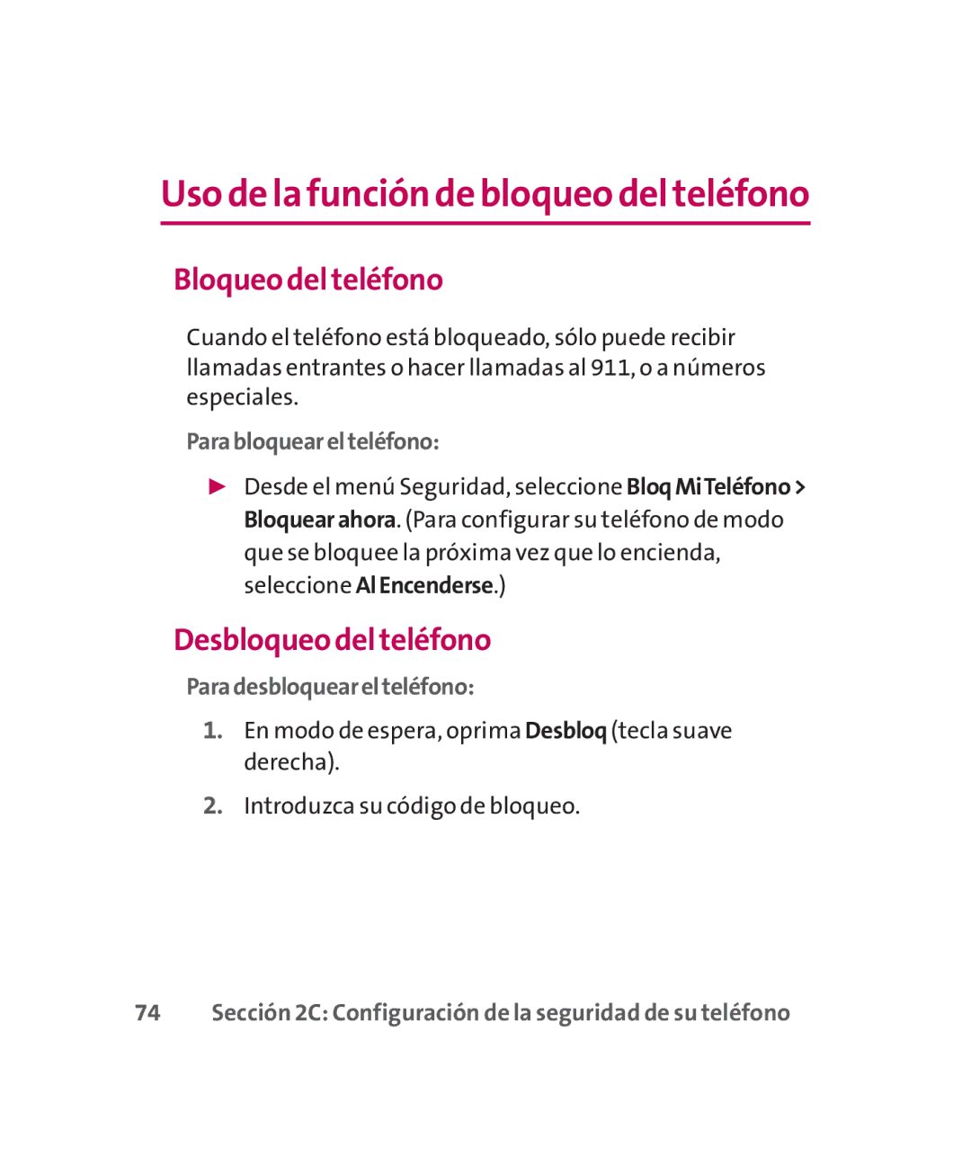 LG Electronics MMBB0267301(1.0) Uso de la función de bloqueo del teléfono, Bloqueo del teléfono, Desbloqueo del teléfono 