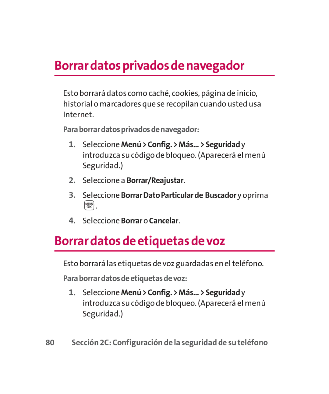 LG Electronics MMBB0267301(1.0) manual Borrar datos privados de navegador, Borrar datos de etiquetas de voz 