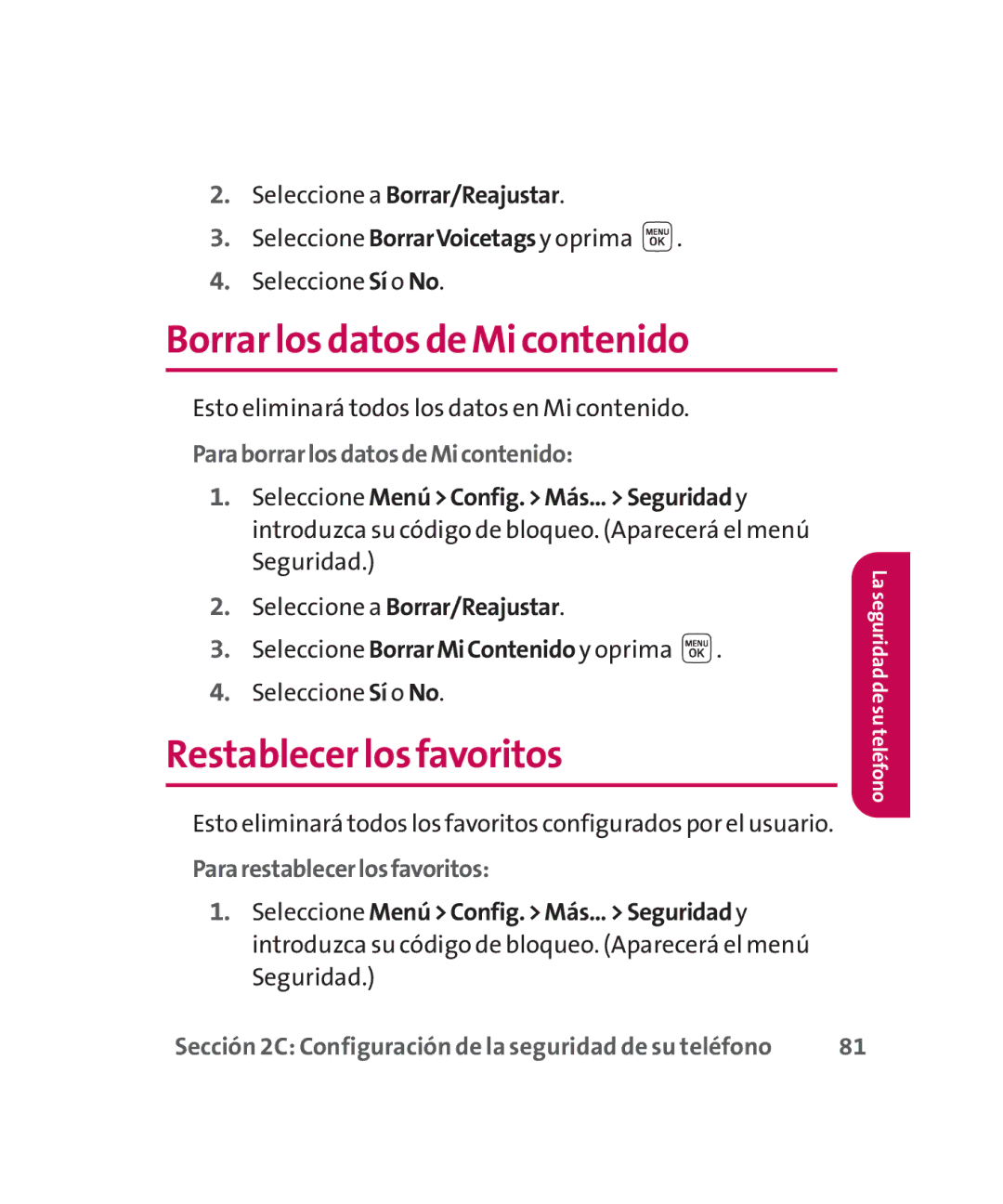 LG Electronics MMBB0267301(1.0) Borrar los datos de Mi contenido, Restablecer los favoritos, Pararestablecerlosfavoritos 