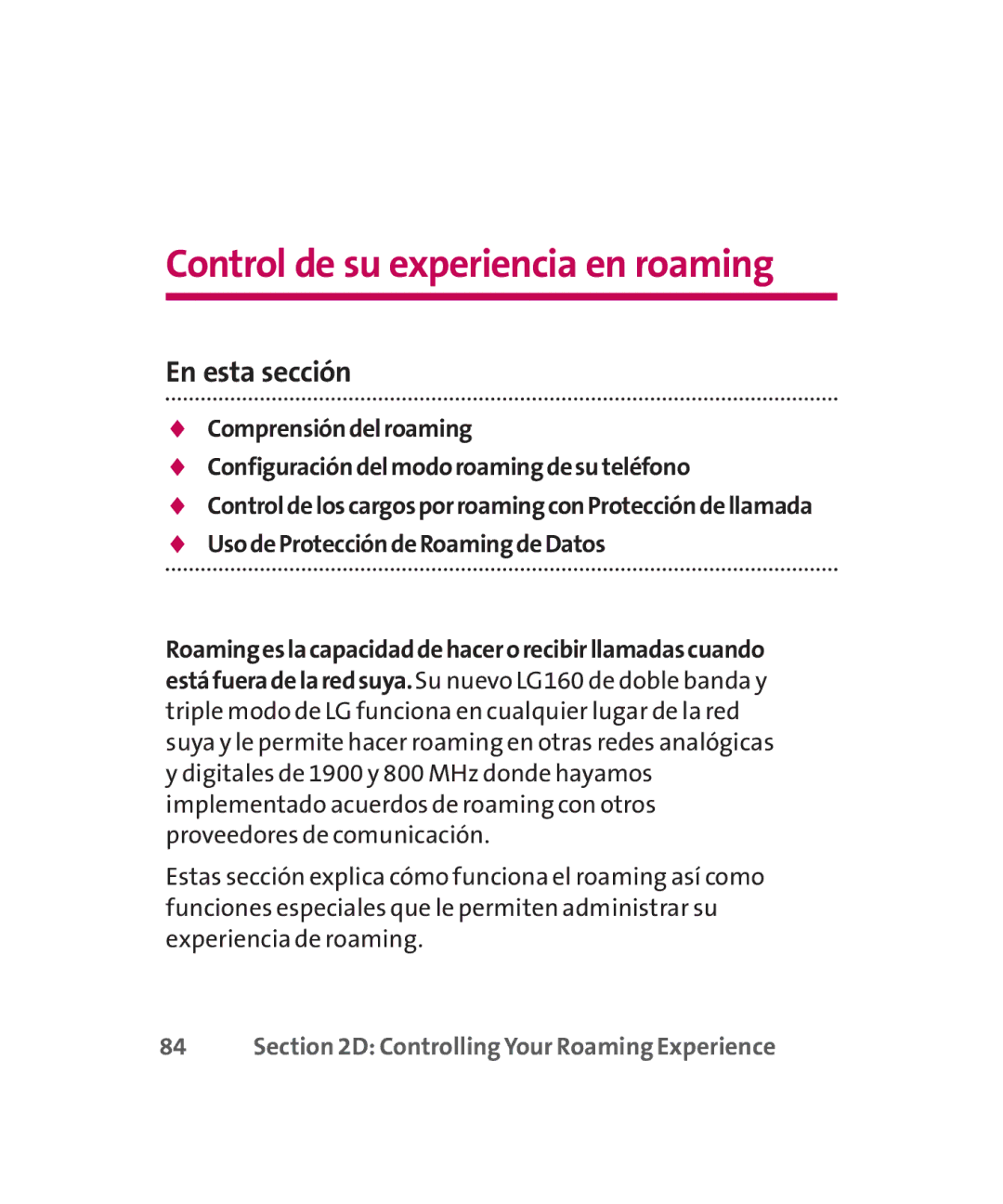 LG Electronics MMBB0267301(1.0) manual Control de su experiencia en roaming, En esta sección 