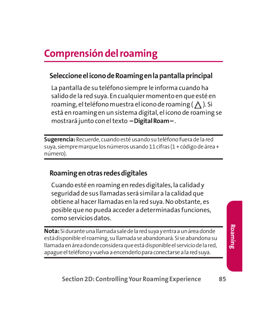 LG Electronics MMBB0267301(1.0) manual Comprensión del roaming, Roamingenotrasredesdigitales 