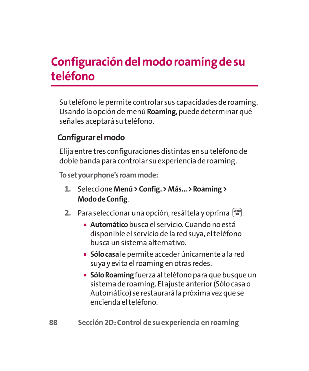 LG Electronics MMBB0267301(1.0) manual Configuración del modo roaming de su teléfono, Configurarelmodo 