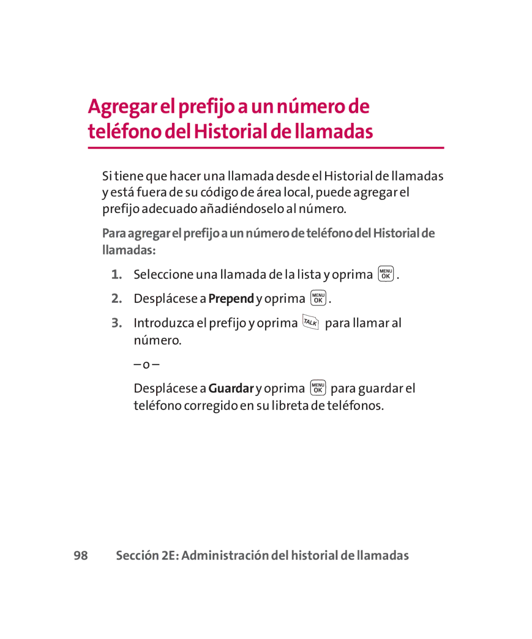 LG Electronics MMBB0267301(1.0) manual Sección 2E Administración del historial de llamadas 