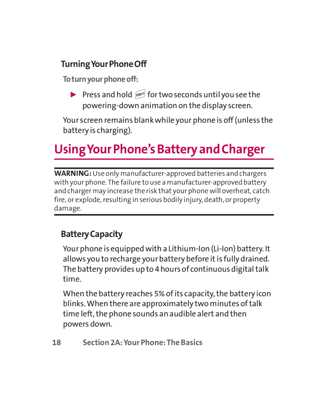 LG Electronics MMBB0267301(1.0) manual UsingYour Phone’s Batteryand Charger, TurningYourPhoneOff, BatteryCapacity 