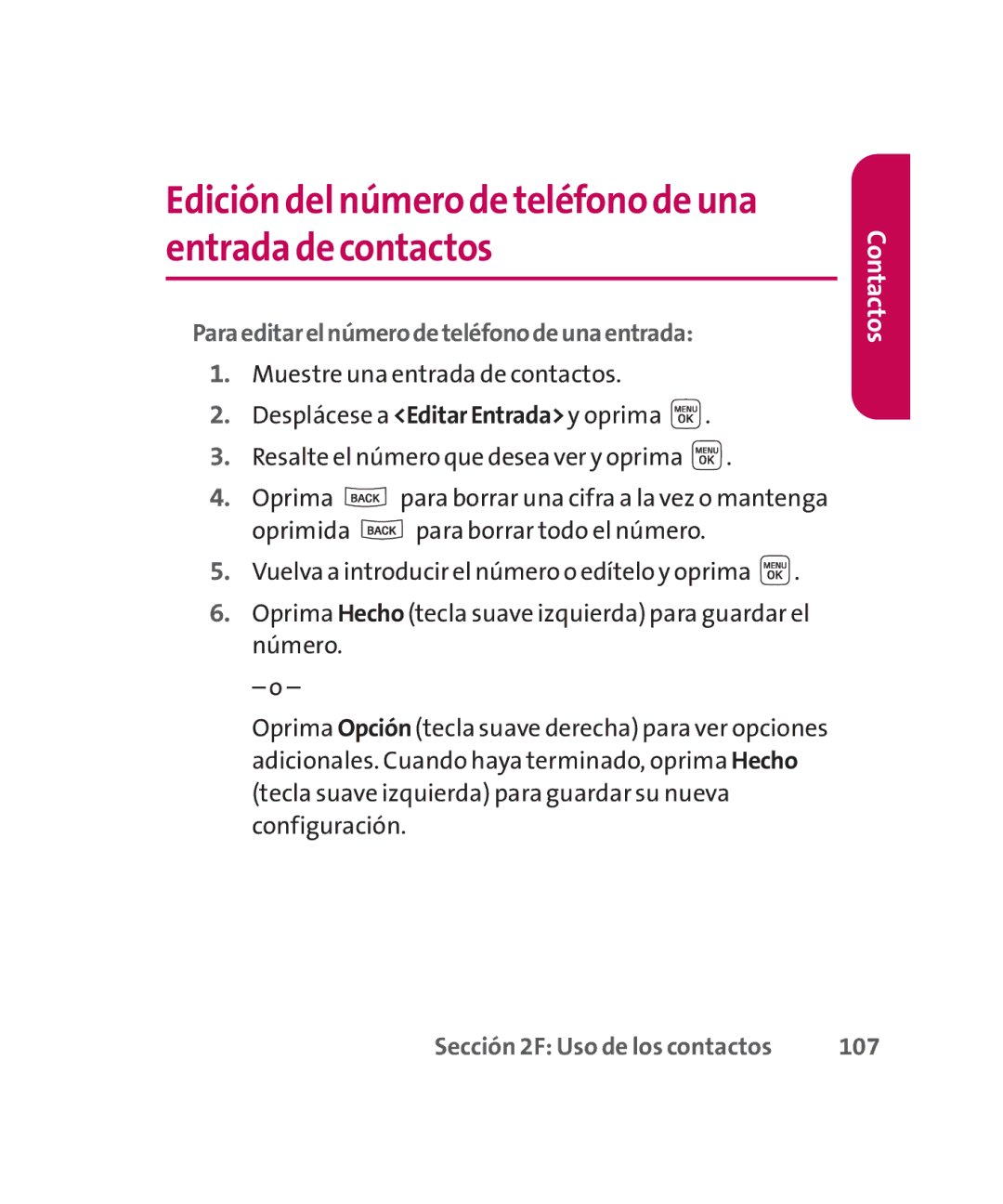 LG Electronics MMBB0267301(1.0) manual Edición del número de teléfono de una entrada de contactos 