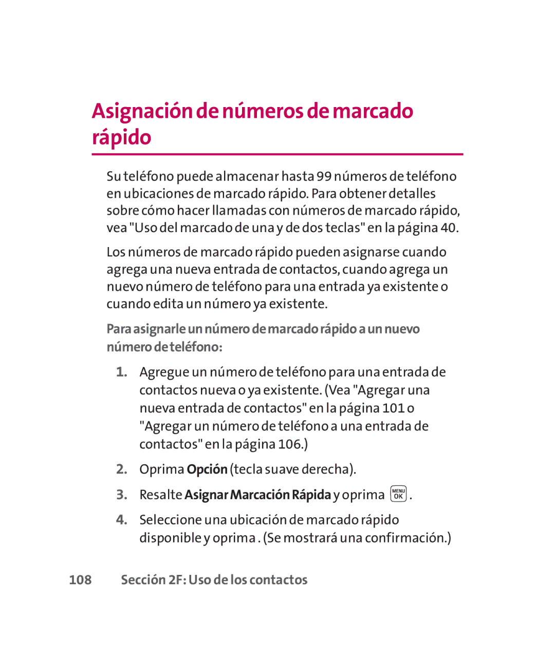 LG Electronics MMBB0267301(1.0) manual Asignación de números de marcado rápido, Resalte AsignarMarcaciónRápida y oprima 