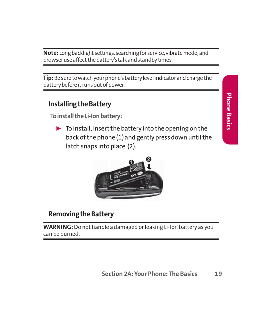 LG Electronics MMBB0267301(1.0) manual InstallingtheBattery, RemovingtheBattery, ToinstalltheLi-Ionbattery 